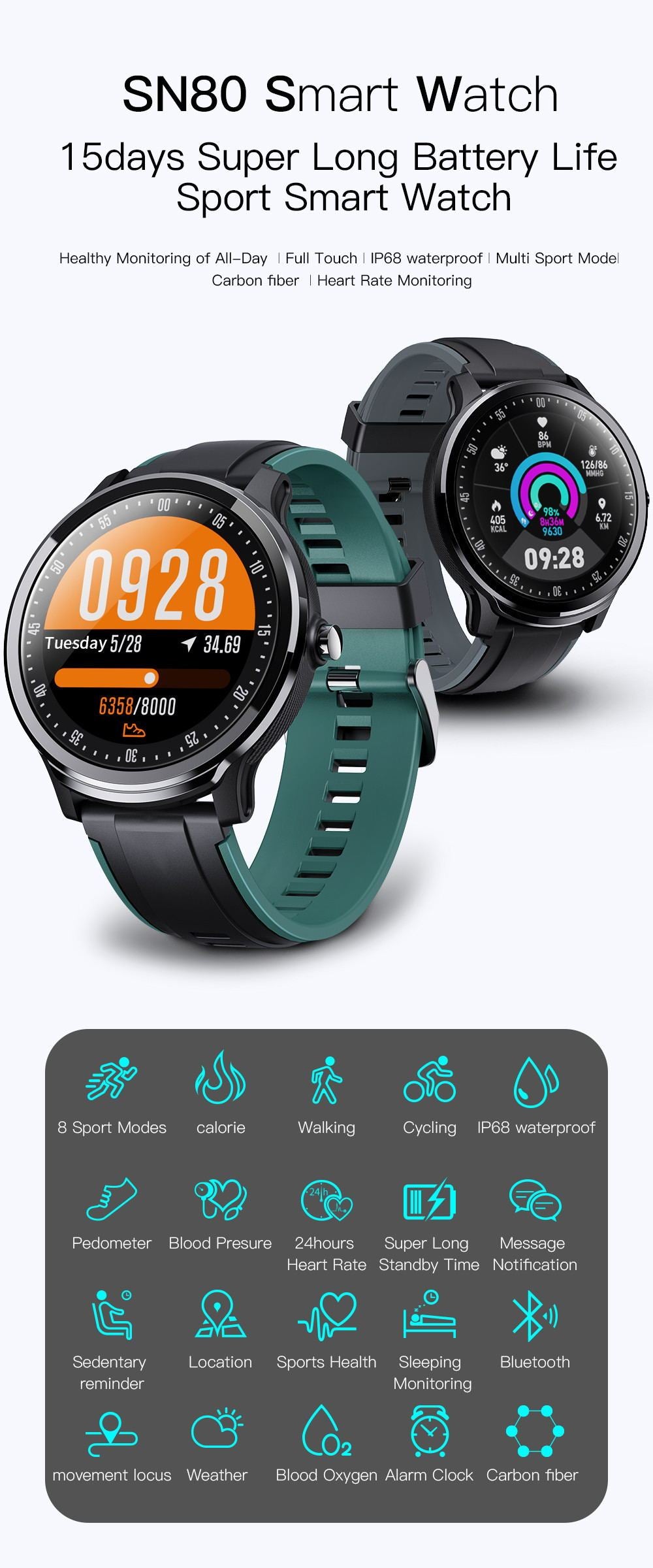"Newest Smart Watch SN80 with Heart Rate Monitor"
