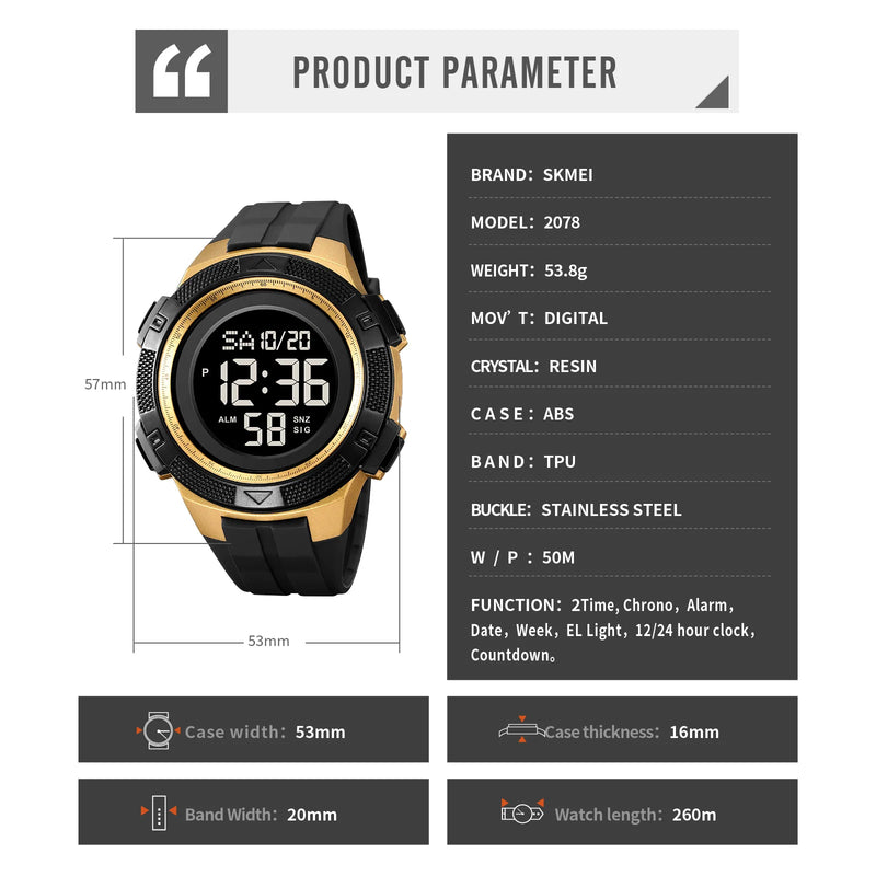 SKMEI Relojes Para Hombres Back Light Digital Sport Watch Mens Countdown Stopwatch Wristwatches 5Bar Waterproof Wrist Watch
