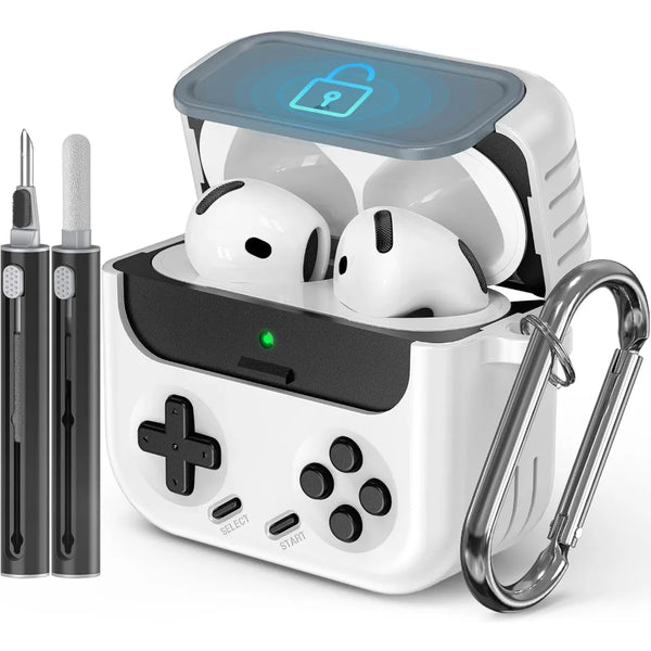 Game-Style Locking Case for AirPods 4 (2024) w/Cleaner Kit - ANC Compatible, Hard Protective Cover for Men & Boys