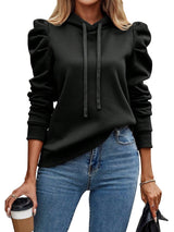 Women Casual Hoodies Long Ruffle Sleeve Solid Lightweight Pullover Tops Loose Sweatshirt with Drawstrings
