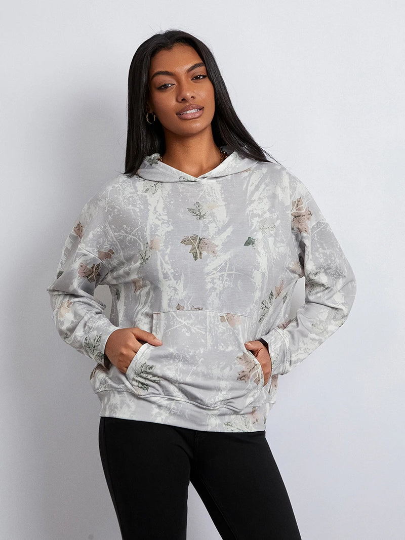 Women’s Oversized Hoodies Fashion Long Sleeve Leaf Print Baggy Sweatshirts Streetwear