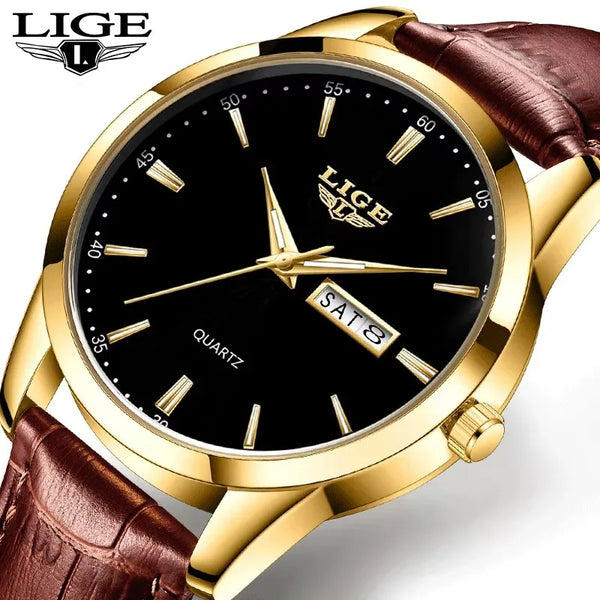 LIGE Classic Quartz Watch for Men Waterproof Leather Strap Calendar Sports Business Men's Quartz Wrist Watch Top Brand Luxury