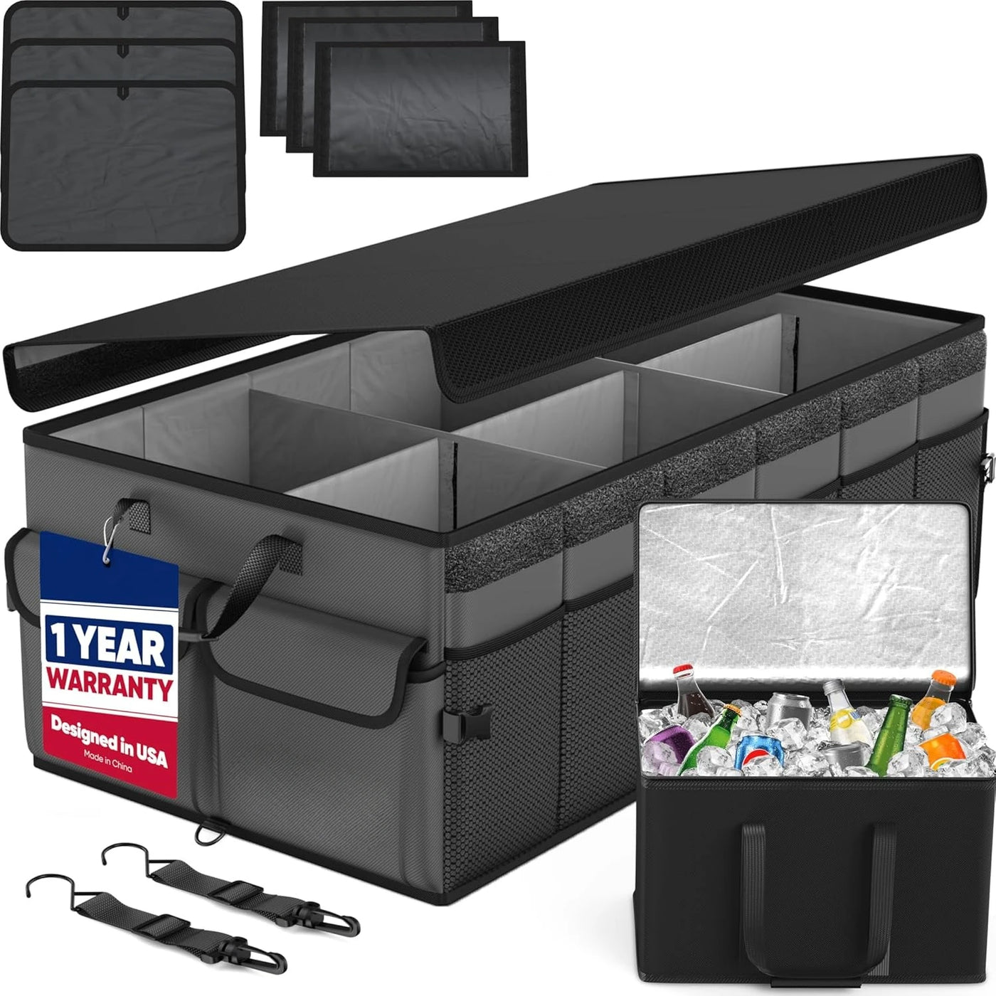 Car Trunk Organizer with Cooler, Collapsible Multi Compartment SUV Organizer, Foldable Storage for Car Accessorie(105L)