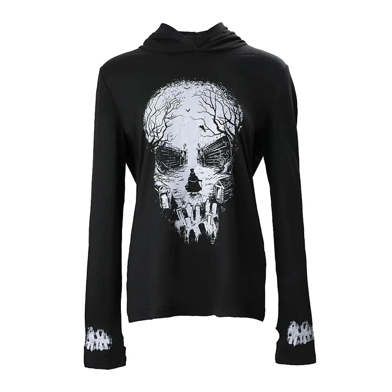 Women s Long Sleeve Halloween Skull Print Hooded Hoodies Shirts Spring Fall Casual Tops Streetwear Fashion Pullover Sweatshirt