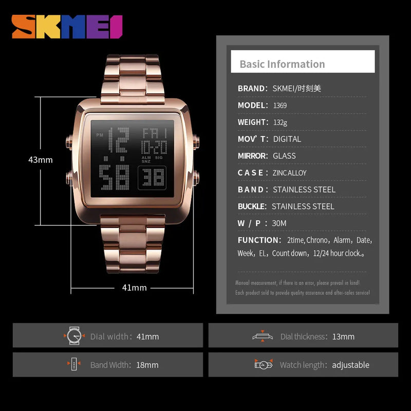 SKMEI Men's Digital Wristwatch 30M Waterproof Sport Wrist Watch Square Dial Stainless Steel Band Man Watch 1369