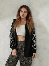 Men Women Zip Up Hoodies Fashion Spider Web Print Long Sleeve Oversized Sweatshirts Streetwear Tops