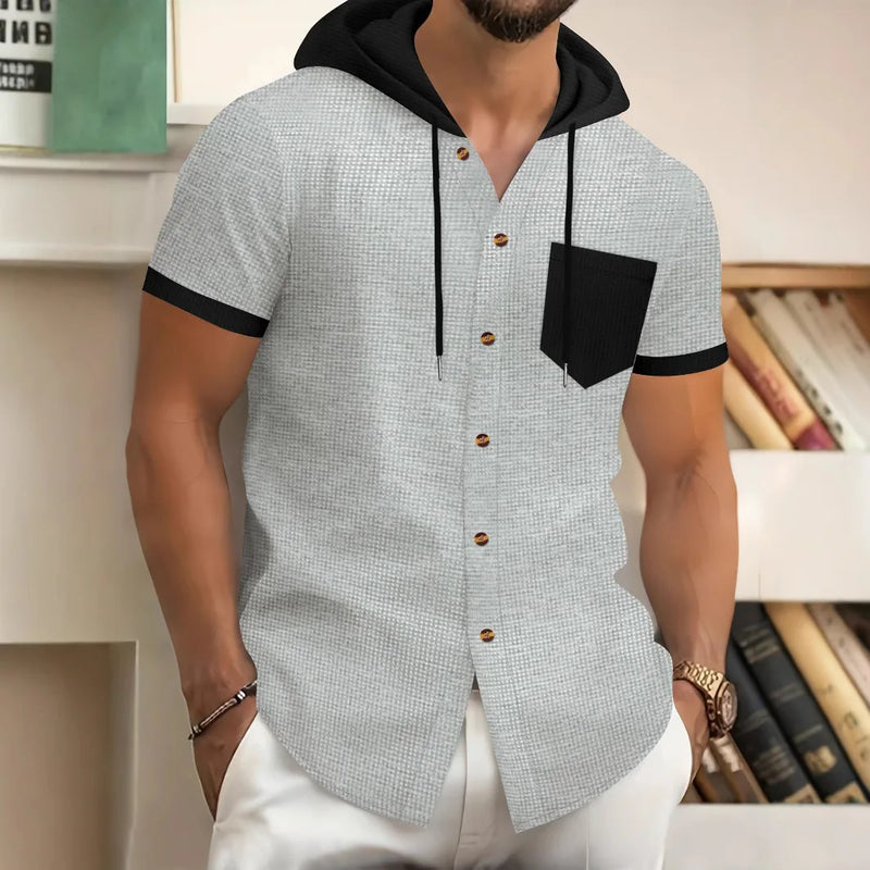 Men s Patchwork Drawstring Hooded Button Down Short Sleeve Waffle Hoodies T-Shirts Casual Tops for Summer Fashion Style