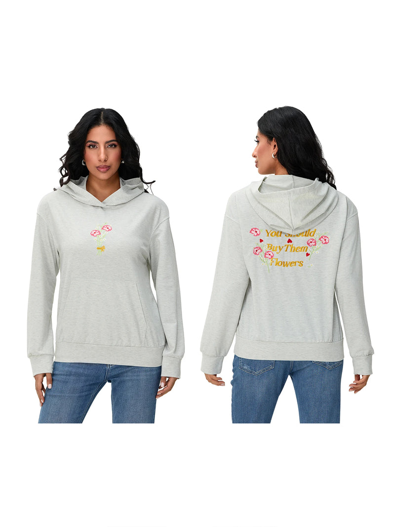 Women s Casual Pullover Hoodies Long Sleeve Floral Print Loose Sweatshirts Streetwear Tops with Embroidered Letters