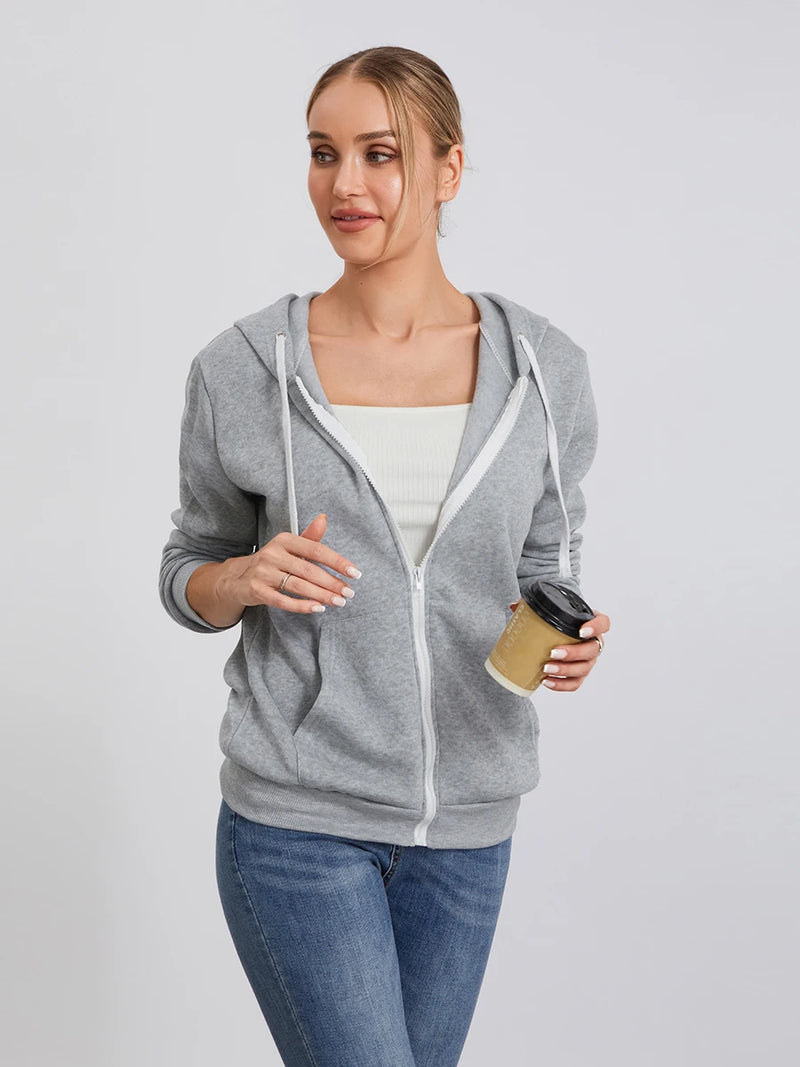 Women s Zip Up Hoodies Long Sleeve Solid Color Classic Fit Sweatshirts Jackets Streetwear Tops