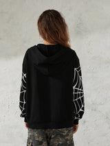 Men Women Zip Up Hoodies Fashion Spider Web Print Long Sleeve Oversized Sweatshirts Streetwear Tops