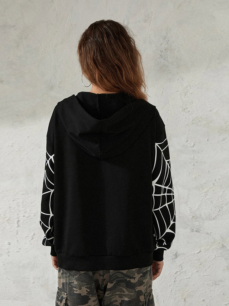 Men Women Zip Up Hoodies Fashion Spider Web Print Long Sleeve Oversized Sweatshirts Streetwear Tops