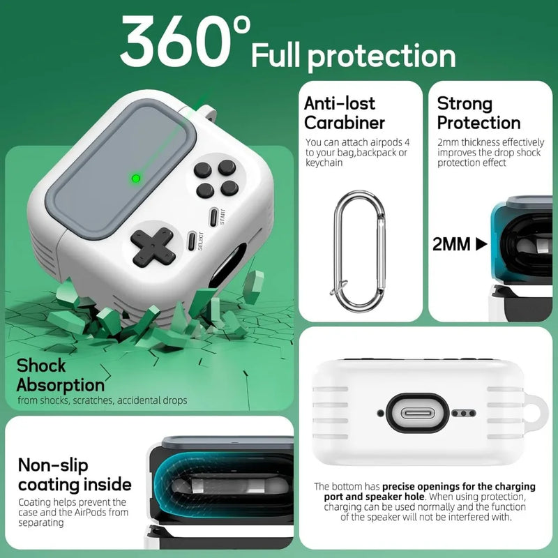 Game-Style Locking Case for AirPods 4 (2024) w/Cleaner Kit - ANC Compatible, Hard Protective Cover for Men & Boys