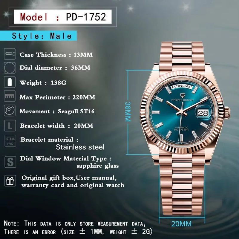 2025 New PAGANI DESIGN DD36 Rose Gold Luxury Men's Watches Mechanical Automatic Wrist Watch For Men AR Sapphire Mirror Man Gift