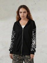 Men Women Zip Up Hoodies Fashion Spider Web Print Long Sleeve Oversized Sweatshirts Streetwear Tops