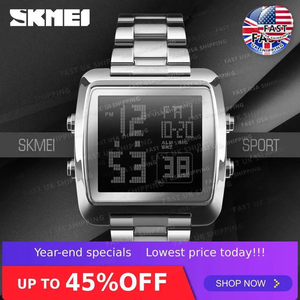 SKMEI Men's Digital Wristwatch 30M Waterproof Sport Wrist Watch Square Dial Stainless Steel Band Man Watch 1369