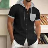 Men s Patchwork Drawstring Hooded Button Down Short Sleeve Waffle Hoodies T-Shirts Casual Tops for Summer Fashion Style