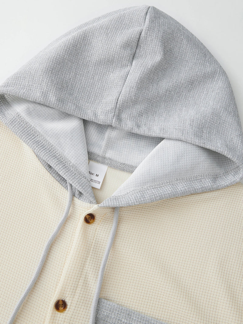 Men s Patchwork Drawstring Hooded Button Down Short Sleeve Waffle Hoodies T-Shirts Casual Tops for Summer Fashion Style