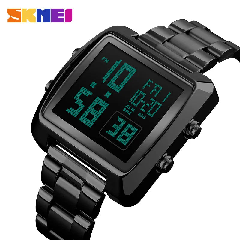 SKMEI Men's Digital Wristwatch 30M Waterproof Sport Wrist Watch Square Dial Stainless Steel Band Man Watch 1369