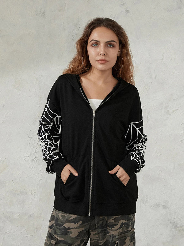 Men Women Zip Up Hoodies Fashion Spider Web Print Long Sleeve Oversized Sweatshirts Streetwear Tops