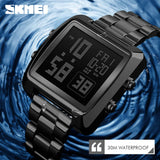 SKMEI Men's Digital Wristwatch 30M Waterproof Sport Wrist Watch Square Dial Stainless Steel Band Man Watch 1369