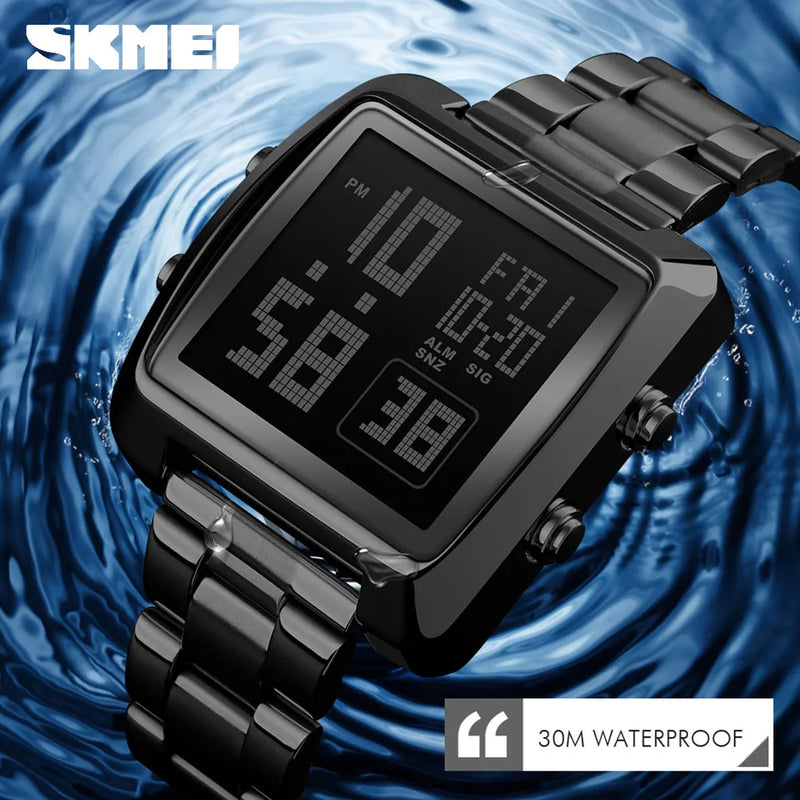 SKMEI Men's Digital Wristwatch 30M Waterproof Sport Wrist Watch Square Dial Stainless Steel Band Man Watch 1369