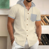 Men s Patchwork Drawstring Hooded Button Down Short Sleeve Waffle Hoodies T-Shirts Casual Tops for Summer Fashion Style